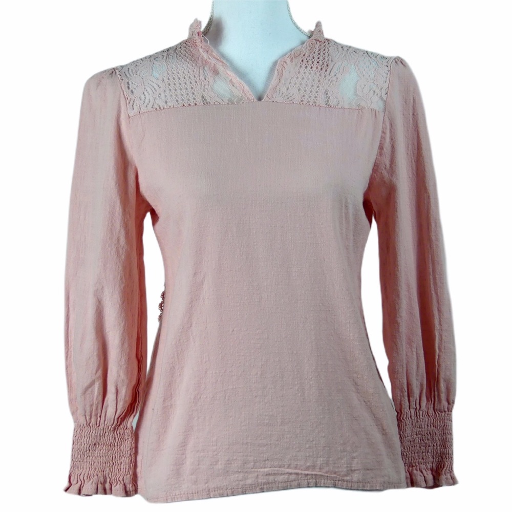 Pink Smocked Cuff Blouse with Decorative B…
